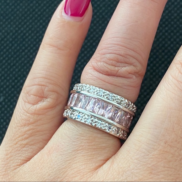 Baguette Paved Ring Pink Silver Size 6 - Picture 6 of 14